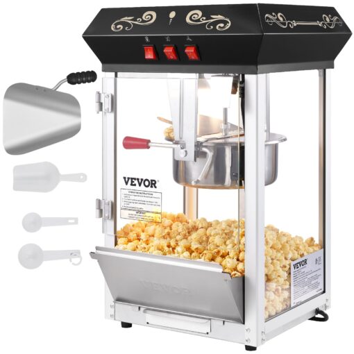 VEVOR Popcorn Maker, 850W Popcorn Popper Machine, 8 Oz Kettle Makes 48 Cups per Batch, Countertop Popcorn Maker with Tempered Glass, Includes 4 Scoops, Movie Theater Style, Black