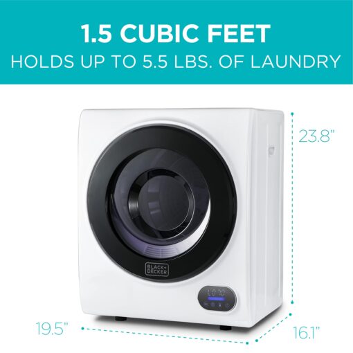 BLACK+DECKER Compact Clothes Dryer, 1.5 Cu. Ft. 850W Electric Dryer, 120V Vented Portable Dryer with Stainless Steel Drum, Mini Dryer for 3.3 lbs. of Laundry for Standard Wall Outlet - Image 3