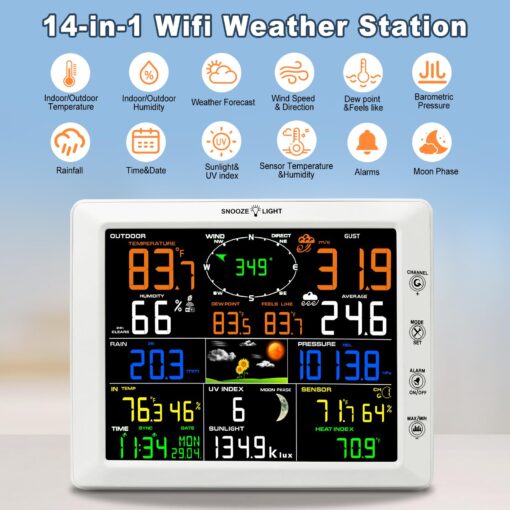 AIRAIN TECH WiFi Weather Station, 14-in-1 Indoor/Outdoor Wireless Weather Stations with Large Display, Home Weather Station with Rain Gauge, Wind Speed/Direction, Barometer, Clock, Weather Forecast - Image 7