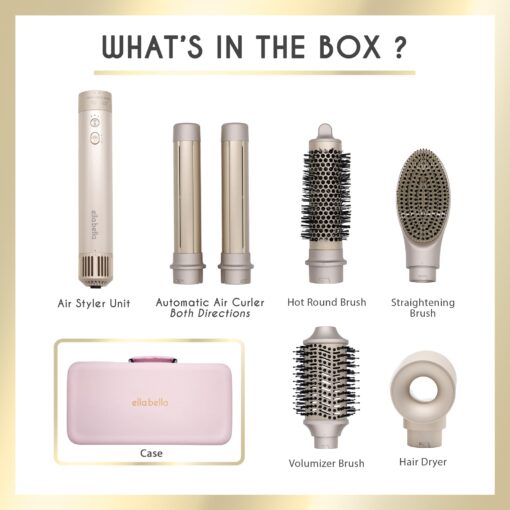 ELLA BELLA® 6 in 1 Professional Hot Air Styler • Powerful Hair Dryer & Straightener Set • Styling Without Heat Damage • Fast Drying Curling Volumizing Straightening • Includes Protective Travel Case - Image 3