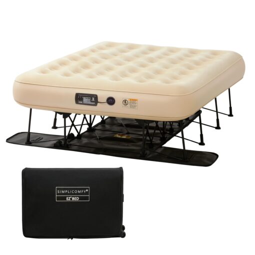 Simpli Comfy Queen EZ Bed Self-Inflating Air Mattress with Built-in Frame, Pump and Wheeled Case, Blow Up Inflatable Rolling Air Bed on Wheels (02.Queen)