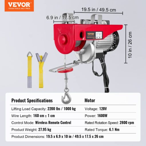 VEVOR 2200lbs Electric Hoist with Wireless Remote Control,110v Electric Hoist with Remote Control, 40ft/20ft Lifting Height & Pure Copper Motor, for Garage Warehouse Factory - Image 4