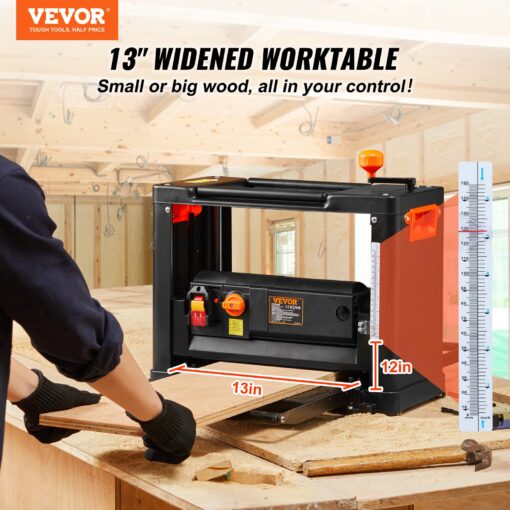 VEVOR Power Benchtop Planers, Three-Blade, Two Speed, 13" Width Worktable Thickness Planer with Extended Infeeding Table, Low Noise for both hard & soft wood material removal - Image 9