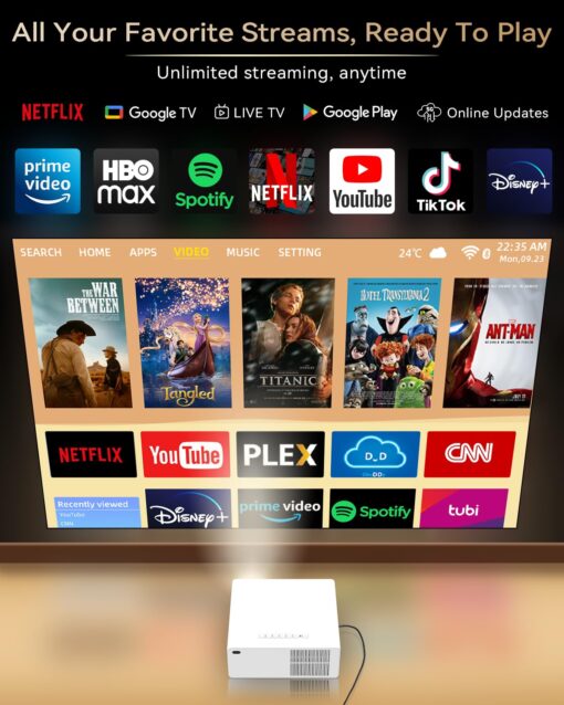 [1300 ANSI/Netflix Licensed/Dolby Audio] Projector with WiFi Bluetooth Portable Outdoor - 4K Smart Ceiling Projector with Built in Apps, Wireless Home Theater for Bedroom, 20% Zoom/500", HDMI/Phone/PC - Image 8