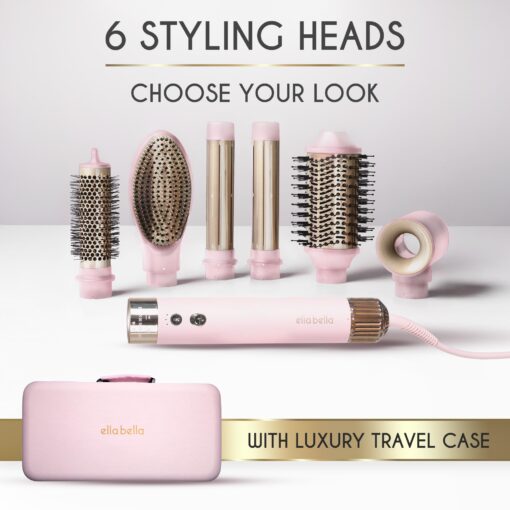 ELLA BELLA® 6 in 1 Professional Hot Air Styler • Powerful Hair Dryer & Straightener Set • Styling Without Heat Damage • Fast Drying Curling Volumizing Straightening • Protective Travel Case (Pink) - Image 4
