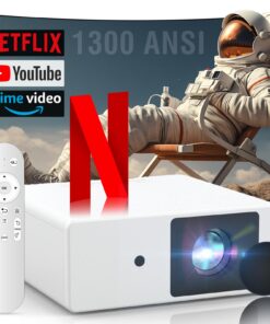 [1300 ANSI/Netflix Licensed/Dolby Audio] Projector with WiFi Bluetooth Portable Outdoor - 4K Smart Ceiling Projector with Built in Apps, Wireless Home Theater for Bedroom, 20% Zoom/500", HDMI/Phone/PC