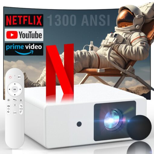 [1300 ANSI/Netflix Licensed/Dolby Audio] Projector with WiFi Bluetooth Portable Outdoor - 4K Smart Ceiling Projector with Built in Apps, Wireless Home Theater for Bedroom, 20% Zoom/500", HDMI/Phone/PC