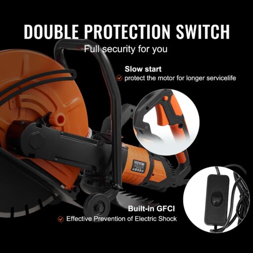 VEVOR Electric Concrete Saw, 16 in, 3200 W 15 A Motor Circular Saw Cutter with Max. 6 in Adjustable Cutting Depth, Wet Disk Saw Cutter Includes Water Line, Pump and Blade, for Stone, Brick Orange - Image 6