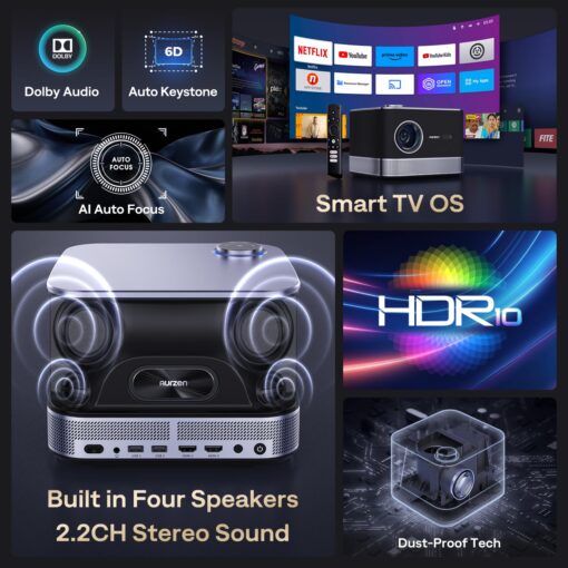 3-in-1 Projector 4K Supported, AURZEN BOOM 3 Smart Projector with WiFi and Bluetooth, 3D DoIby Audio & 36W Speakers, Auto Focus & Keystone, Netflix Official 500 ANSI Home Outdoor proyector, Black - Image 2