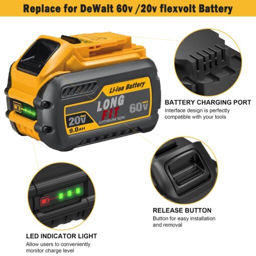 LONG FIT 4 Pack 9.0Ah Battery Replace for Dewalt 20V/60V 9.0AH Battery DCB606 DCB609 DCB612 Compatible with DeWalt 20V/60V Power Tools, Compatible with Dewalt Chargers - Image 5