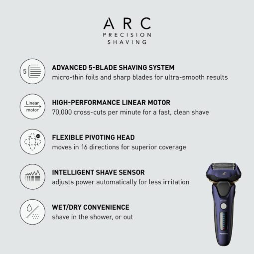 Panasonic ARC5 Electric Razor for Men with Pop-up Trimmer, Wet Dry 5-Blade Electric Shaver with Intelligent Shave Sensor and 16D Flexible Pivoting Head - ES-ALV6HA (Navy) - Image 12