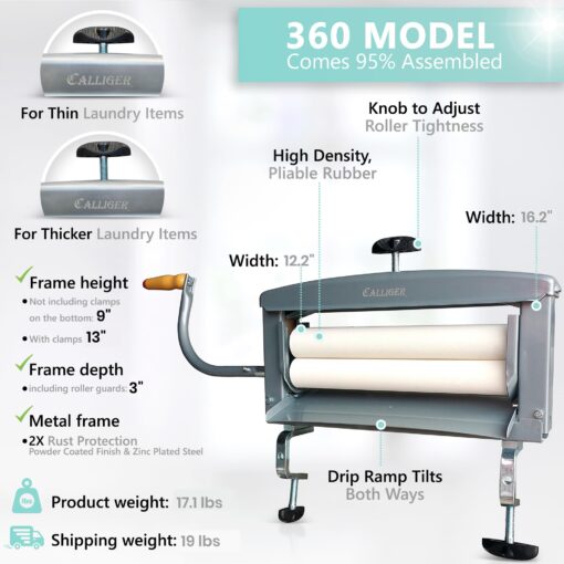 Calliger Clothes Wringer - Better Moisture Removal than Portable Washing Machine/Portable Dryer - Heavy Duty Off Grid Laundry Wringer | Perfect Towel Wringer for Chamois Cloth, Tile Sponge, etc. - Image 5