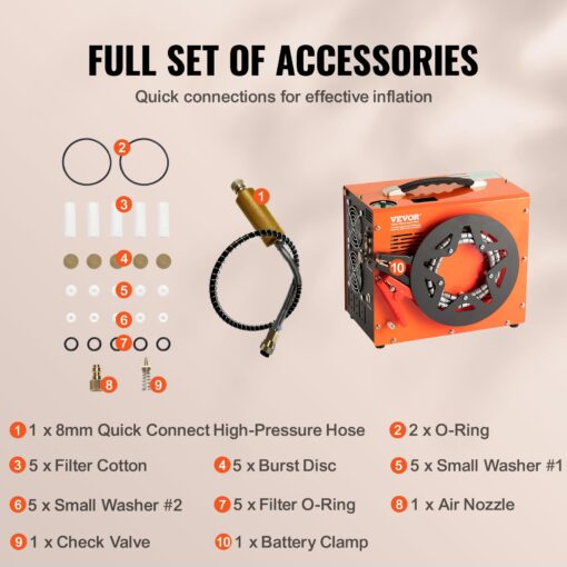VEVOR PCP Air Compressor, 4500PSI/30Mpa Portable PCP Airgun Compressor with Built-in Power Converter, Auto-Stop | DC12V/AC120V | Oil & Water-Free Air Rifle, Paintball and Scuba Tank Compressor Pump - Image 4