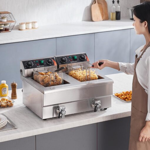 VEVOR Commercial Deep Fryer, Dual Tank 3000W Electric Countertop Fryer with Basket, 2 x 11.6Qt/11L Double Stainless Steel Oil Fryer with Drain, Time & Temp Control, for Kitchen Restaurant Use - Image 3