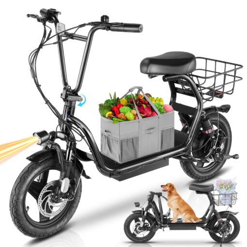 Caroma 560W Peak Electric Scooters for Adults, 14" Fat Tire, 188Wh Battery, 15 Miles Range, 20MPH Top Speed, Foldable Electric Scooter with Seat, Dual Shock Absorbing Electric Bike for Commuting
