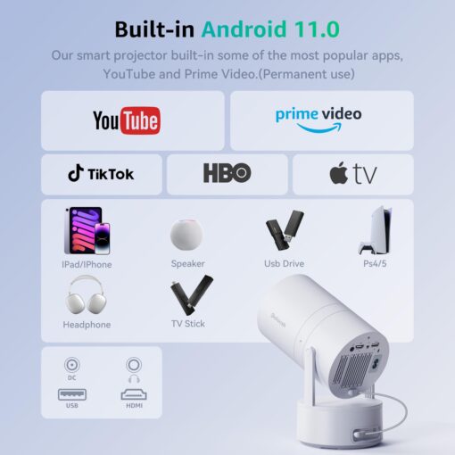 Polocsh Mini Projector, Rechargeable Portable Outdoor Smart Projector with 4K Support, Auto Keystone, Android 11 Small Projector with WiFi and Bluetooth, Electric Focus Home Theater for iphone - Image 5