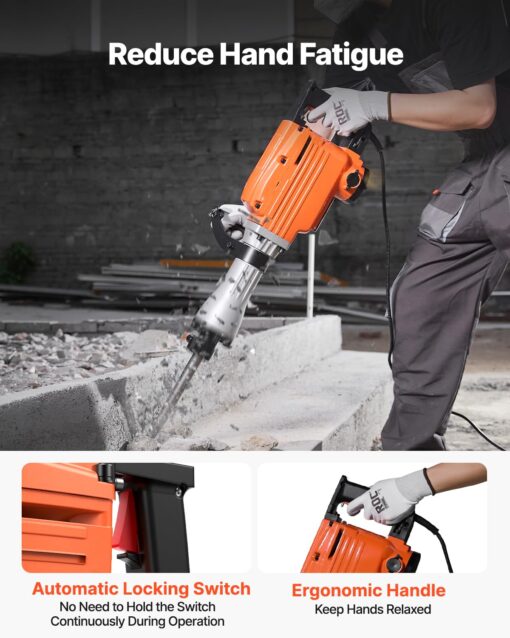 VEVOR Demolition Jack Hammer, MAX 2200W Electric Jackhammer Heavy Duty, 1350 BPM Concrete Breaker 4pcs Chisels Bit Chipping W/Case, Gloves - Image 5