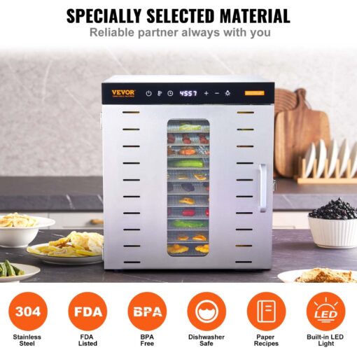 VEVOR Food Dehydrator Machine, 10 Stainless Steel Trays, 1000W Electric Food Dryer with Digital Adjustable Timer & Temperature for Jerky, Herb, Meat, Beef, Fruit, Dog Treats and Vegetables - Image 6