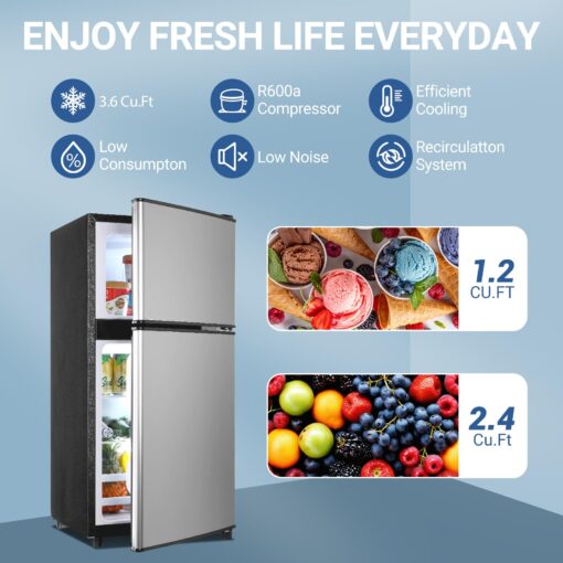 Zyerch Mini Refrigerator with Freezer 3.6 Cu. Ft., Small Dorm Fridge with Freezer, Adjustable Thermostat Compact Fridge with Freezer for Apartment, Dorm, Kitchen, Office, Silver - Image 8