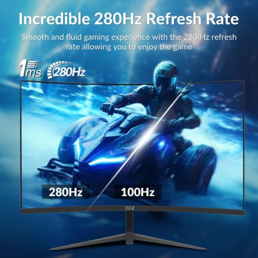 ZZA Gaming Monitor 27 Inch Curved, 280Hz| 240HZ|1ms| Computer Monitor FHD|1080P| 90% DCI-P3,100% sRGB,PC Monitor FreeSync| HDMI|HDR|Low Blue Light| HDMI|DP Ports| VESA Mount| Metal Stand - Image 7