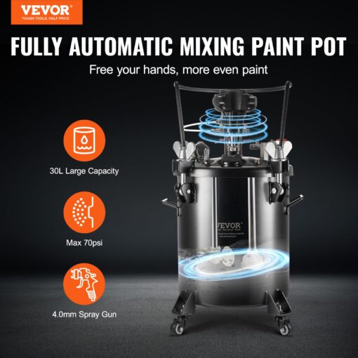 VEVOR Spray Paint Pressure Pot, 30 L/7.5 gal Fully Automatic Stirring Pressure Pot Tank, 70 psi Adjustale Pressure, Pressure Pot Paint Tank with Spray Gun and Hoses, for Home Decor Industry Painting - Image 9