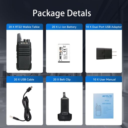 Retevis RT22 Walkie Talkies Mini, Rechargeable Two Way Radio Long Range, 2 Way Radio Small, Portable VOX, for Business Commercial Work School Church Restaurant (20 Pack,Black) - Image 4