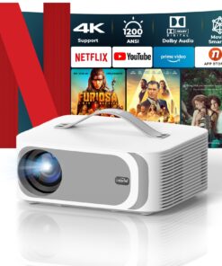 [AI Movin System & 1200 ANSI] Projector-4K with WiFi 6 and Bluetooth, 30W DoIby Audio Netflix-Licensed Projector, One-touch Focus Portable 1080P Outdoor-Projector, Lisowod Smart Proyector with HDR10+