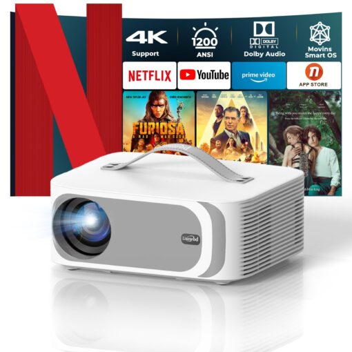 [AI Movin System & 1200 ANSI] Projector-4K with WiFi 6 and Bluetooth, 30W DoIby Audio Netflix-Licensed Projector, One-touch Focus Portable 1080P Outdoor-Projector, Lisowod Smart Proyector with HDR10+