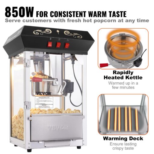 VEVOR Popcorn Maker, 850W Popcorn Popper Machine, 8 Oz Kettle Makes 48 Cups per Batch, Countertop Popcorn Maker with Tempered Glass, Includes 4 Scoops, Movie Theater Style, Black - Image 7