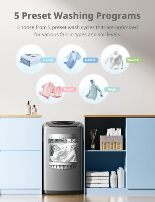Comfee Portable Washing Machine, 0.9 cu.ft Compact Washer With LED Display, 5 Wash Cycles, 2 Built-in Rollers, Space Saving Full-Automatic Washer - Image 8