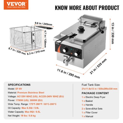VEVOR Commercial Deep Fryer, 1750W Electric Countertop Fryer with Basket, 9Qt /8.5 L Single Oil Fryer, 1mm Thickened Stainless Steel, Time & Temp Control, for Kitchen Restaurant Use, Silver - Image 4