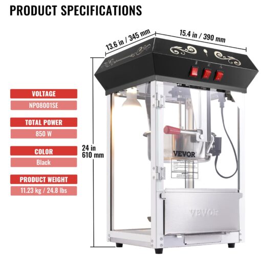 VEVOR Popcorn Maker, 850W Popcorn Popper Machine, 8 Oz Kettle Makes 48 Cups per Batch, Countertop Popcorn Maker with Tempered Glass, Includes 4 Scoops, Movie Theater Style, Black - Image 4