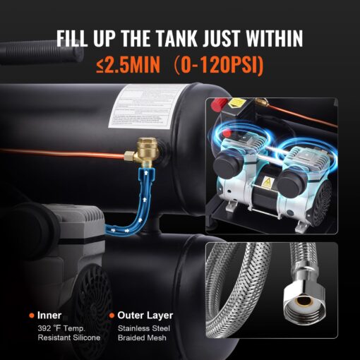 VEVOR Air Compressor, 4.6 Gallon Steel Tank, 1HP 2.2CFM@90 PSI Oil Free Air Compressor & Max 120PSI Pressure, 80dB Ultra Quiet Portable Compressor for Auto Repair, Tire Inflation, Spray Painting, 120V - Image 11