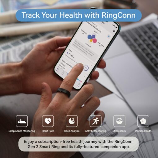 RingConn Gen 2, World’s First Smart Ring with Sleep Apnea Monitoring, No APP Subscription, 12-Day Battery Life, Stress/Heart Rate/Women's Health Tracker, Android & iOS Compatible (Black, Size 10) - Image 5
