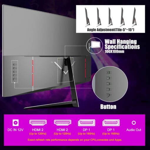 ZZA 27 Inch QHD 2560 x 1440 Gaming Monitor 165Hz 1ms Fast IPS Computer Monitor,1800R, HDMI 2.0 x2 |DP1.4x2 VESA Mount, 99% sRGB HDR Eye Care Metal Stand - Image 2