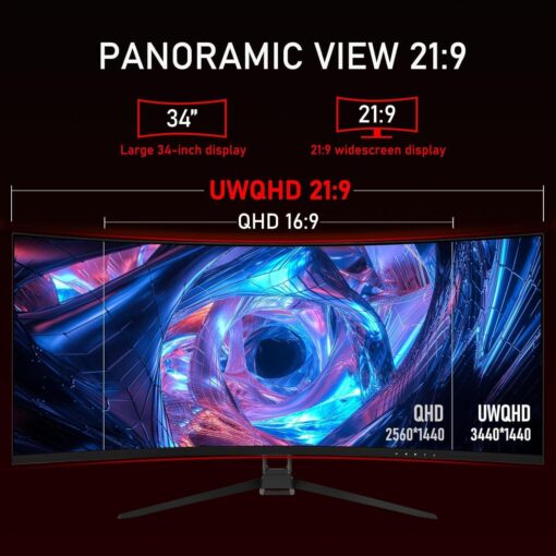 ZZA 34" UltraWide Curved QHD Monitor - Immersive Gaming Experience with 165Hz Refresh Rate, VA Panel, and AMD FreeSync Premium | HDR10 | 99% sRGB | 3440x1440 - Image 7