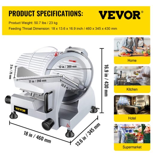 VEVOR Commercial Meat Slicer, 12 inch Electric Food Slicer, Semi-Auto 320W Stainless Steel Deli Meat Slicer, Adjustable Thickness for Meat,Cheese,Veggies Ham Fruit (12IN-320W) - Image 4