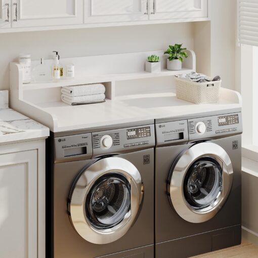 Corbyles 2-Tier Washer Dryer Countertop with 2.75"H Edge Rails, 54" W x 27.55" D Laundry Countertop for Folding Clothes, Washer and Dryer Topper with Non-Slip Pad (White) - Image 5
