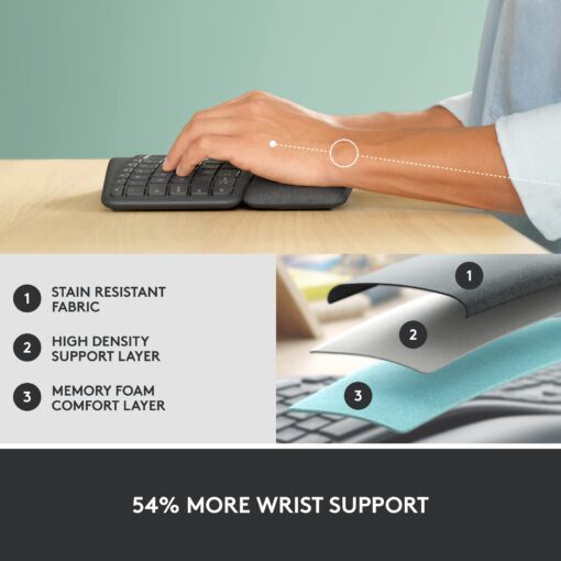 Logitech ERGO K860 Split Wireless Keyboard with wrist support and Lift Left Vertical Ergonomic Mouse, Left-handed, Bluetooth, USB receiver, Quiet, Windows/macOS/iPadOS, Laptop, PC - Graphite - Image 5