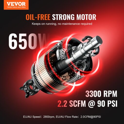 VEVOR Air Compressor, 4.6 Gallon Steel Tank, 1HP 2.2CFM@90 PSI Oil Free Air Compressor & Max 120PSI Pressure, 80dB Ultra Quiet Portable Compressor for Auto Repair, Tire Inflation, Spray Painting, 120V - Image 12