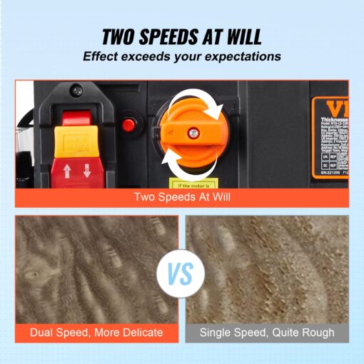 VEVOR Power Benchtop Planers, Three-Blade, Two Speed, 13" Width Worktable Thickness Planer with Extended Infeeding Table, Low Noise for both hard & soft wood material removal - Image 7
