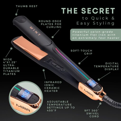 Professional Series MIRA Titanium Flat Iron Hair Straightener for Thick & Fine Hair | Powerful Single-Pass Straightening Iron | Straightener & Curling Iron in One | 1 1/4 Inch Wide Flat Iron by MINT - Image 6