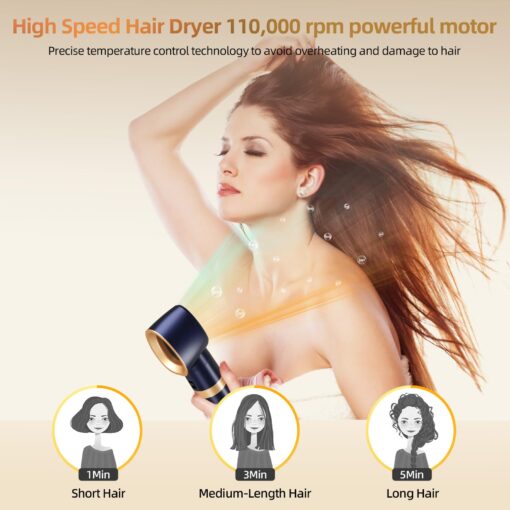 T-GOGO Hair Dryer Brush Professional: 6 in 1 Hot Air Hair Styler & Dryer Set, Powerful Hair Air Curling Iron High-Speed Negative Ionic Blow Dryer, Auto-Wrap, No Heat Damage (Dark Blue) - Image 5