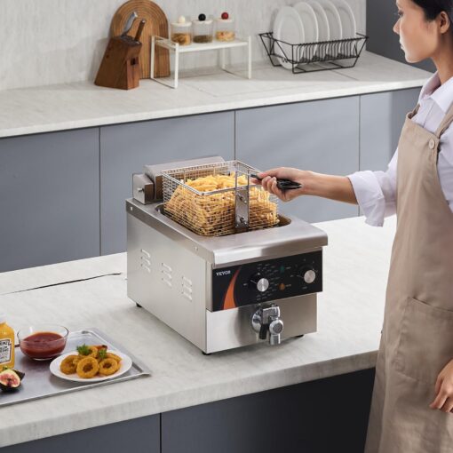 VEVOR Commercial Deep Fryer, 1750W Electric Countertop Fryer with Basket, 9Qt /8.5 L Single Oil Fryer, 1mm Thickened Stainless Steel, Time & Temp Control, for Kitchen Restaurant Use, Silver - Image 3