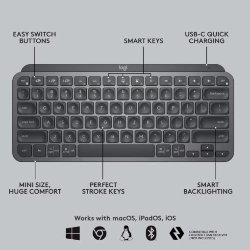 Logitech MX Keys Mini Keyboard and Lift Vertical Ergonomic Mouse Combo - Wireless, Backlit Keys, Bluetooth or Logi Bolt USB receiver, Quiet, Windows/macOS/iPadOS, Laptop, PC - Graphite - Image 3