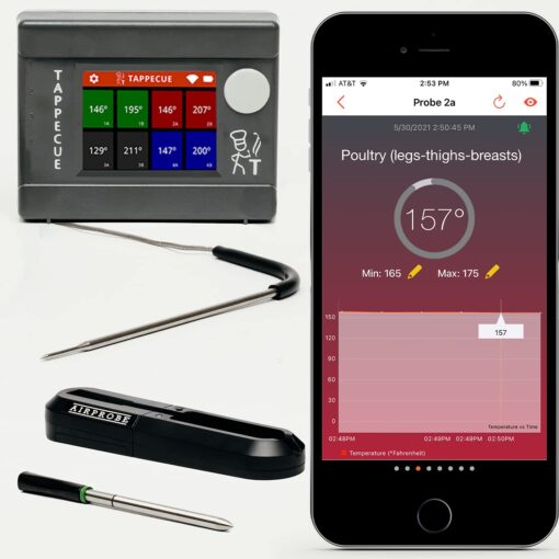 Tappecue Touch Wi-Fi Meat Thermometer with 1 x Dual Sensor Probe and 1 x AirProbe for Cooking, Internet Enabled Cloud Storage & Alarm, Works with Android & iOS Apps