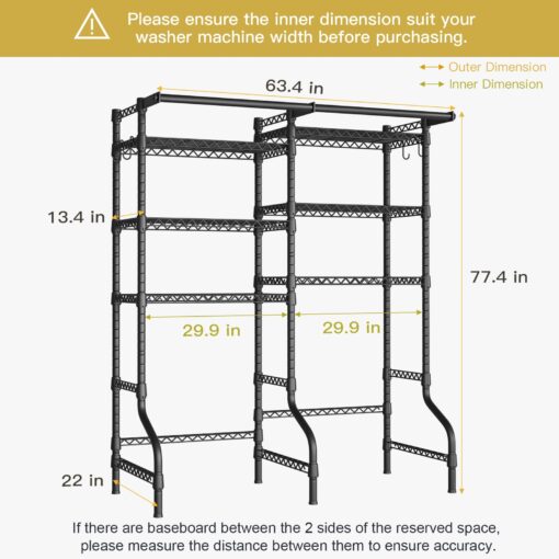 Ulif U13 Over Washer and Dryer Storage Shelves, 6 Tiers Laundry Room Standing Shelf with 2 Hanger Rods, Space Saver Clothes Drying Rack, 63.4" W x 22" D x 77.4" H, Black - Image 9