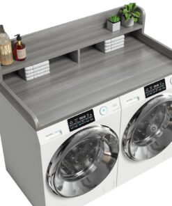 Corbyles 2-Tier Washer Dryer Countertop with 2.75"H Edge Rails, 54" W x 27.55" D Laundry Countertop for Folding Clothes, Washer and Dryer Topper with Non-Slip Pad (Stripe Gray)