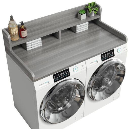Corbyles 2-Tier Washer Dryer Countertop with 2.75"H Edge Rails, 54" W x 27.55" D Laundry Countertop for Folding Clothes, Washer and Dryer Topper with Non-Slip Pad (Stripe Gray)