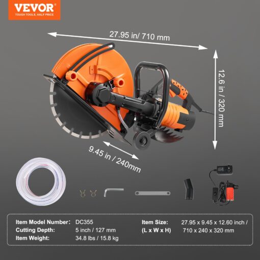 VEVOR Electric Concrete Saw, 14 in Circular Saw Cutter with 5 in Cutting Depth, Wet/Dry Disk Saw Cutter Includes Water Line, Pump and Blade, for Stone, Brick, Porcelain, Concrete, 2600W/15A Motor - Image 4